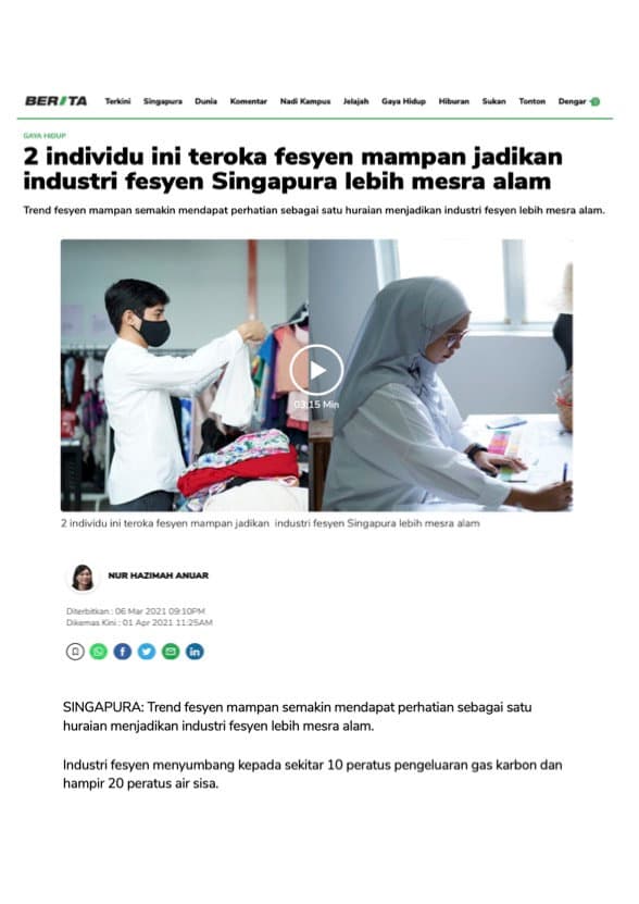 Berita Mediacorp article clipping, March 2021