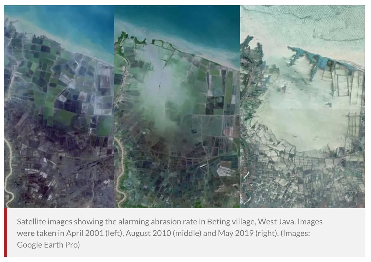 Satellite images showing coastal abrasion in Beting village between 2003 and 2019