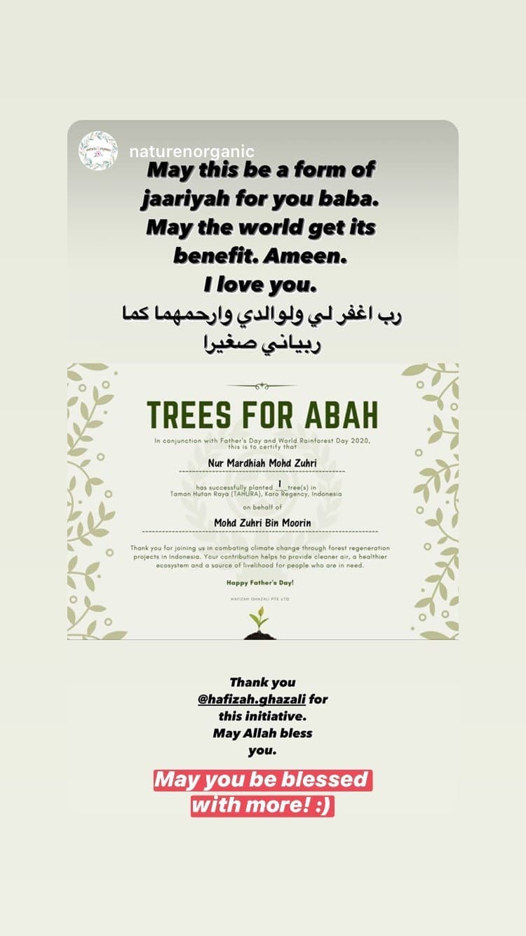 A contributor’s Instagram story sharing their Trees for Abah e-certificate